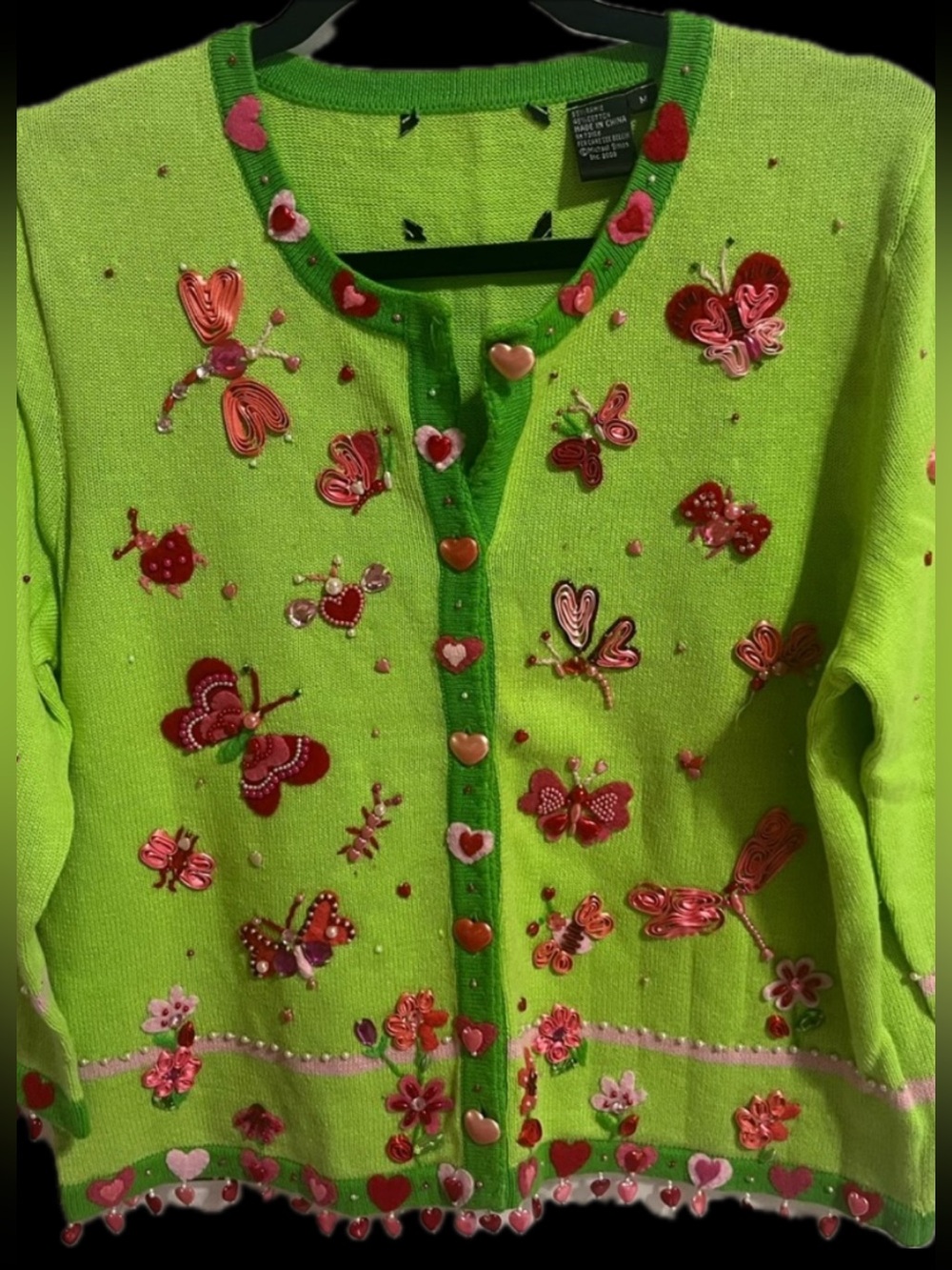 Michael Simon pink Vintage Butterfly Dragonfly Heart Rhinestone Cardigan Sweater
